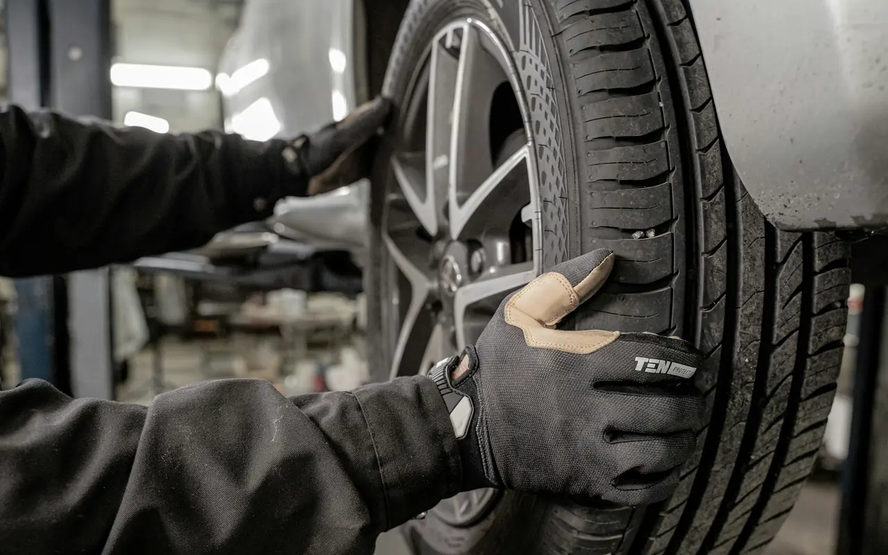 Mains gantées démontant une roue à l'atelier